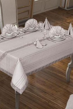 26 Parça Dantelli Eliza Masa Örtüsü Takımı Gri - Çeyiz Diyarı