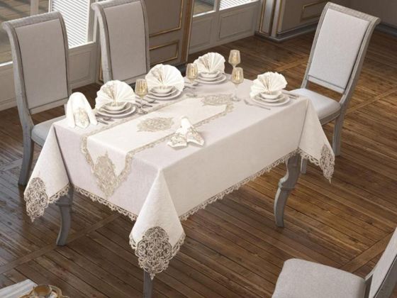 26 Parça Elegant Masa Örtüsü Takımı Krem - Çeyiz Diyarı