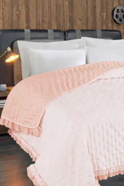 Adriana Fırfırlı Elyaf Dolgulu Çift Kişilik 200x220 cm Kırlentsiz Yatak Örtüsü Pudra - Çeyiz Diyarı