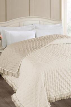 Adriana Fırfırlı Elyaf Dolgulu Tek Kişilik 160x220 cm Kırlentsiz Yatak Örtüsü Bej - Çeyiz Diyarı