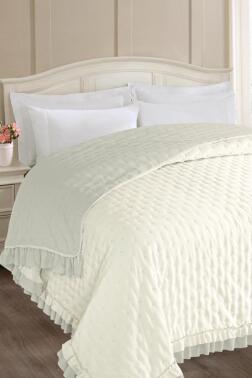 Adriana Fırfırlı Elyaf Dolgulu Tek Kişilik 160x220 cm Kırlentsiz Yatak Örtüsü Krem - Çeyiz Diyarı