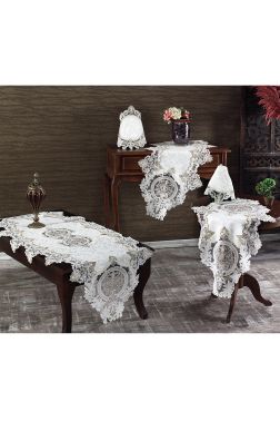 Ahsen Kadife Kordone 5 Parça Salon Takımı Krem - Çeyiz Diyarı