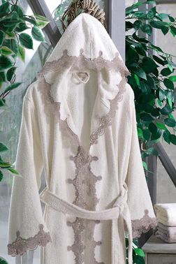 Almira Güpürlü Kapşonlu Bambu Bornoz Takımı Krem Kiremit - Dantela