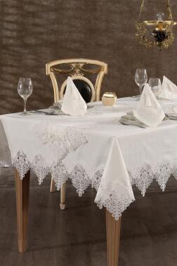 Alya Masa Örtüsü Takımı 26 Parça Ekru - Çeyiz Diyarı