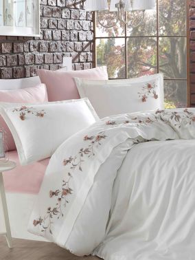 Anetta 3d Nakışlı Pamuk Saten Çift Kişilik Nevresim Takımı Krem Pudra - Dantela