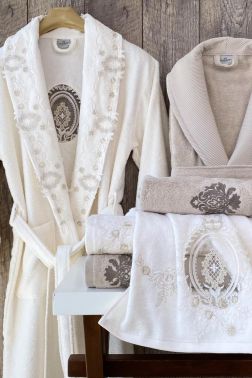 Arella Dantelli 6 Parça Bambu Bornoz Takımı Krem Kahve - Çeyiz Diyarı