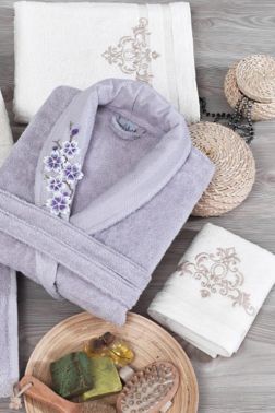 Arliva Bambu 3D Nakışlı Aile Bornoz Seti Lila Krem - Çeyiz Diyarı