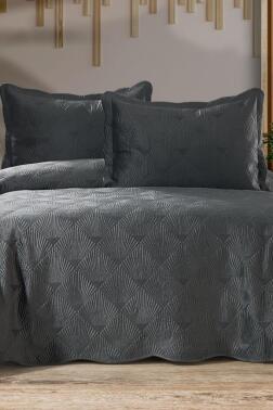 Arzen Nakışlı Kadife Çift Kişilik Yatak Örtüsü 250x260 Antrasit - Çeyiz Diyarı