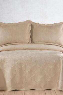 Arzen Nakışlı Kadife Çift Kişilik Yatak Örtüsü 250x260 Bej - Çeyiz Diyarı