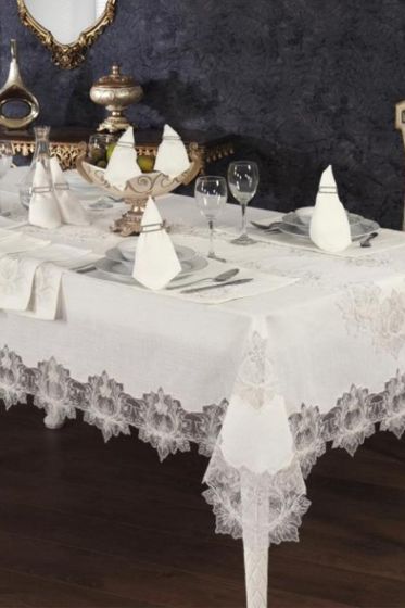 Asel Fransız Dantelli Keten Yemek Takımı - 26 Parça Krem - Çeyiz Diyarı