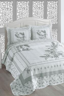 Asya Baskılı Kapitoneli Çift Kişilik Yatak Örtüsü Gri - Çeyiz Diyarı