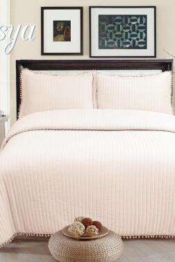 Asya Elyaf Dolgulu Tek Kişilik 180x240 Cm Yatak Örtüsü Pudra - Çeyiz Diyarı