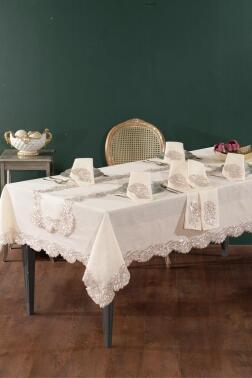 Aura Keten A.Servisli Masa Örtüsü Takımı 14 Parça Ekru - Çeyiz Diyarı