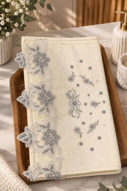 Avşa Ebru Nakışlı %100 Kadife Güpürlü 50x90 cm Çeyizlik Havlu V1 Krem - Silver