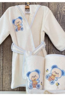 Ayıcık Bebek Bornoz Seti 0-3 Yaş Mavi - Çeyiz Diyarı