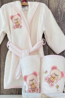 Ayıcık Bebek Bornoz Seti 0-3 Yaş Pembe - Çeyiz Diyarı
