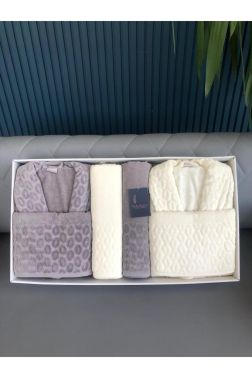 Badem 6 Parça Aile Bornoz Takımı Gri Krem - Çeyiz Diyarı