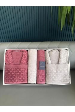 Badem 6 Parça Aile Bornoz Takımı Gül Kurusu Bej - Çeyiz Diyarı