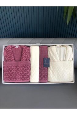 Badem 6 Parça Aile Bornoz Takımı Gül Kurusu Krem - Çeyiz Diyarı