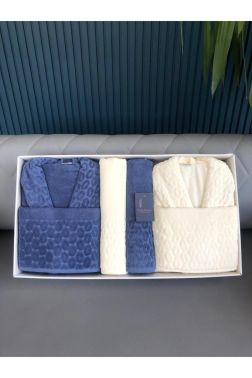 Badem 6 Parça Aile Bornoz Takımı İndigo Krem - Çeyiz Diyarı