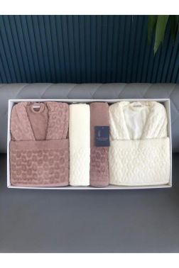 Badem 6 Parça Aile Bornoz Takımı Kahve Krem - Çeyiz Diyarı