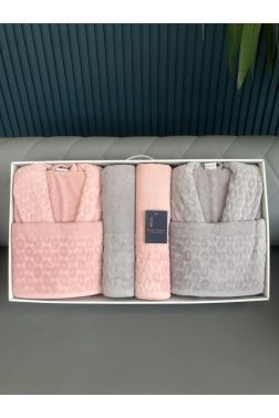 Badem 6 Parça Aile Bornoz Takımı Pudra Bej - Çeyiz Diyarı