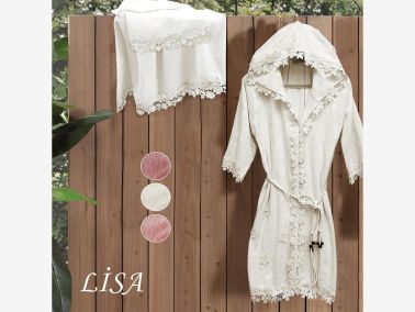 Bambu Dantelli Lisa Kapşonlu Bayan Bornoz Seti Krem - Çeyiz Diyarı