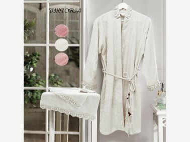 Bambu Dantelli Viktoria Bayan Bornoz Seti Krem - Çeyiz Diyarı