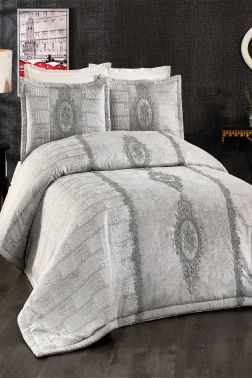 Beliza Nakışlı Kadife Çift Kişilik Yatak Örtüsü Gri - Çeyiz Diyarı