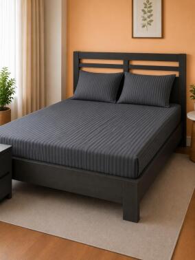 Bella Çizgili Saten Çift Kişilik 160x200 cm Lastikli Çarşaf Takımı Gri - Çeyiz Diyarı