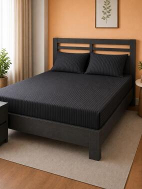 Bella Çizgili Saten Çift Kişilik 160x200 cm Lastikli Çarşaf Takımı Siyah - Çeyiz Diyarı