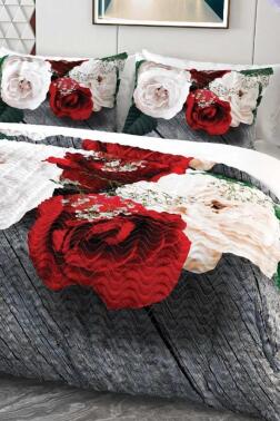 Beyaz Gül Mikro Saten 3D Dijital Baskılı Dört Mevsim Çift Kişilik Nevresim Takımı - Çeyiz Diyarı