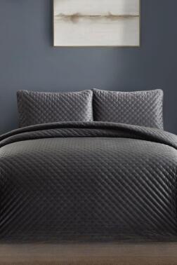 Bianca Çift Kişilik Lüks Kadife Yatak Örtüsü Antrasit - Çeyiz Diyarı