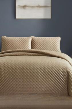 Bianca Çift Kişilik Lüks Kadife Yatak Örtüsü Bej - Çeyiz Diyarı