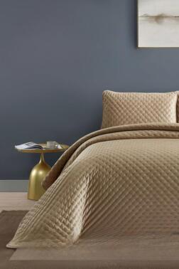 Bianca Tek Kişilik Lüks Kadife Yatak Örtüsü Bej - Çeyiz Diyarı