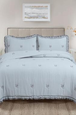 Bigo Nakışlı Fırfırlı Çift Kişilik Yatak Örtüsü Gri - Çeyiz Diyarı