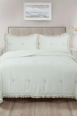 Bigo Nakışlı Fırfırlı Çift Kişilik Yatak Örtüsü Krem - Çeyiz Diyarı