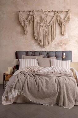 Bona 7 Parça %100 Pamuk Çift Kişilik Yatak Örtülü Nevresim Takımı Bej - Çeyiz Diyarı