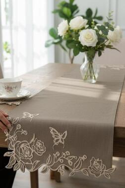 Butterfly Keten Aplikeli Runner 40x120 cm Kahve