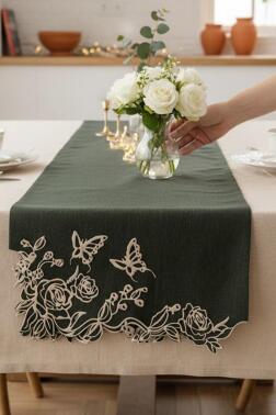 Butterfly Keten Aplikeli Runner 40x120 cm Siyah