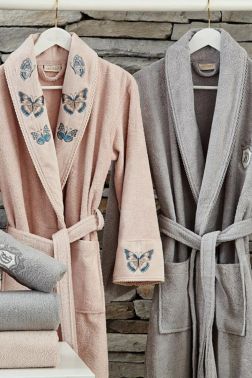 Butterfly Nakışlı Pamuk 6 Lı Bornoz Seti Pudra Gri - Dantela