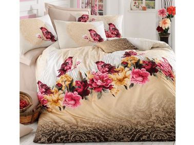 Çalı Kuşu %100 Pamuk Çift Kişilik Nevresim Takımı Kahve - Çeyiz Diyarı