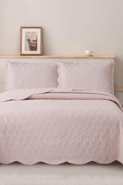 Cenevre Elyaf Dolgulu Çift Kişilik 240x260 Cm Yatak Örtüsü Pudra - Çeyiz Diyarı
