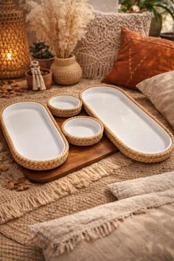 Çeyiz Diyarı 4 Parça Melamin Jüt Kaplama Çerez Seti Bej Bej - Çeyiz Diyarı