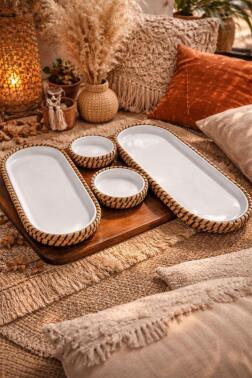 Çeyiz Diyarı 4 Parça Melamin Jüt Kaplama Çerez Seti Bej Siyah - Çeyiz Diyarı