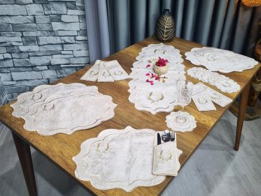 Çeyiz Diyarı Fiyonk Nakışlı 19 Parça Amerikan Servis Seti Krem Cappucino - Çeyiz Diyarı