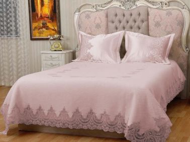 Çeyiz Diyarı Fransız Güpürlü Mihrimah Pike Takımı Pudra - Çeyiz Diyarı