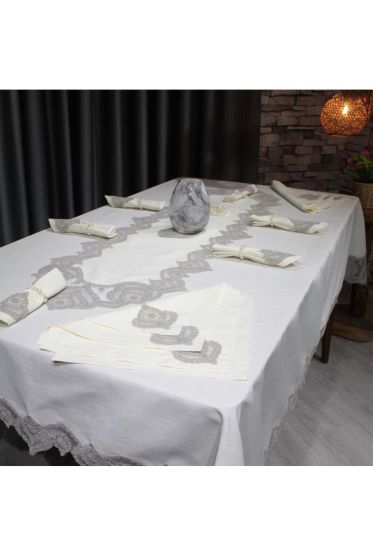Çeyiz Diyarı Kar Tanesi 26 Parça Masa Örtüsü Takımı Krem-Gri - Çeyiz Diyarı