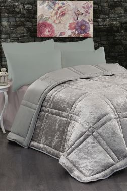Çeyiz Diyarı Karelim Çift Kişilik Kadife Yorgan Gri - Çeyiz Diyarı