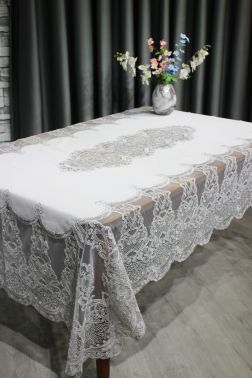 Çeyiz Diyarı Saray Tek Masa Örtüsü 160x230 Cm Krem Gümüş - 3